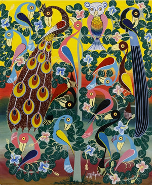 african painting of owls and birds and trees