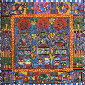 painting of three ladies colorfully drawn by malikita