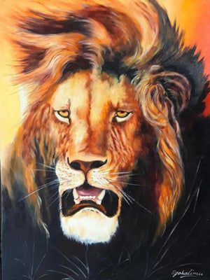 African painting of an angry lion