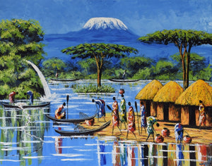African art of a hut and people for sale