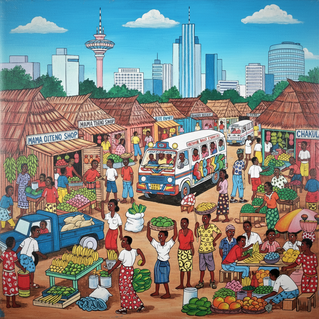 Kenyan market painting Nairobi folk art texture. Busy Matatu street scene with skyline and KICC tower.
