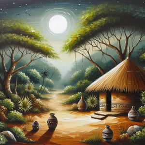 african painting of a village