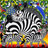 Handmade African painting of three zebras with bold black and white stripes against a colorful patterned background.