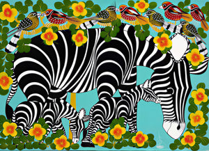 African painting of Zebras and birds in a colorful floral setting for sale. 
