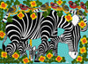 African painting of Zebras and birds in a colorful floral setting for sale. 