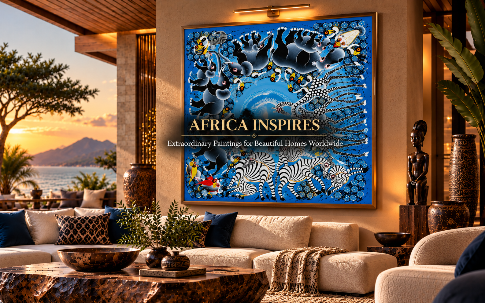 A large framed wall art print featuring a vibrant blue and black abstract African-inspired design with the text 'AFRICA INSPIRES' is displayed in a modern, elegantly decorated living room with a sunset view in the background.