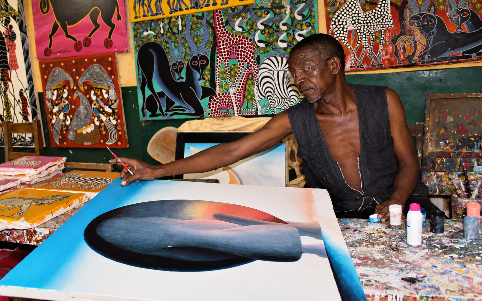 Artist hand-painting original African art in a traditional Dar es Salaam studio, surrounded by colourful Tingatinga paintings.