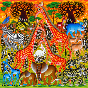 Vibrant Tingatinga African wildlife painting featuring giraffes, elephants, zebras, leopards, a rhinoceros, antelopes, rabbits and birds among flowering trees on a colourful orange and green savanna.
