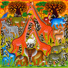 Vibrant Tingatinga African wildlife painting featuring giraffes, elephants, zebras, leopards, a rhinoceros, antelopes, rabbits and birds among flowering trees on a colourful orange and green savanna.
