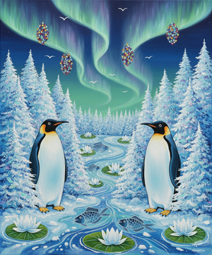 A whimsical contemporary painting of a snowy Arctic landscape featuring two large emperor penguins standing on a riverbank. A vibrant blue river winds through a forest of snow-covered pine trees, filled with stylized fish and glowing white water lilies. The sky is illuminated by a brilliant green and blue Aurora Borealis with colorful, floating surreal elements, creating a magical and serene atmosphere.
