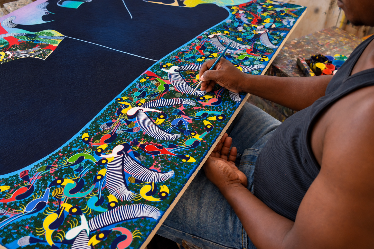 African artist hand-painting a vibrant Tingatinga artwork featuring colorful birds and intricate patterns in a Tanzanian art studio.