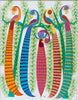 A vibrant African folk art painting featuring five stylistically detailed birds perched among winding green leafy vines against a clean white background. Four tall birds with long, patterned bodies—adorned with colorful dots and stripes in shades of orange, blue, yellow, and turquoise—stand vertically alongside a smaller central pink bird nestled within the foliage.