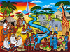 Colorful African painting of a diverse group of African people with animals and a river in the background. Painting integrates Dubai with African motifs
