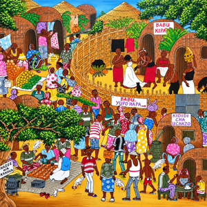 Colorful hand-painted African village scene showing a bustling market with people selling fruit, traditional huts, barbers, families, and everyday village life, rendered in vibrant Tanzanian folk-art style.