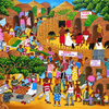 Colorful hand-painted African village scene showing a bustling market with people selling fruit, traditional huts, barbers, families, and everyday village life, rendered in vibrant Tanzanian folk-art style.