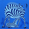 Handmade African painting of a blue zebra with a foal against a blue background.
