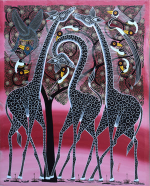 Handmade African painting of three stylized giraffes with patterned blue spots on a pink and red background.