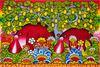 Handmade African abstract painting featuring two hippos surrounded by colorful flowers and green foliage, art for sale.
