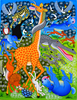 Handmade African painting with colorful giraffe, elephant, zebra, and other vibrant wild animals in lively jungle scene.