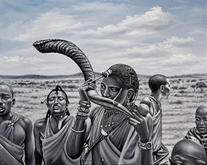 Handmade African painting in grayscale showing a man blowing a horn with tribal figures, contemporary art for sale.