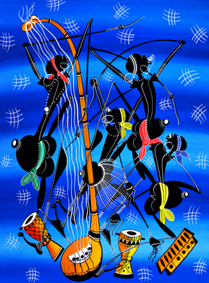 Handmade African painting featuring abstract black figures playing drums on vibrant blue background, art for sale.