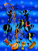 Handmade African painting featuring abstract black figures playing drums on vibrant blue background, art for sale.