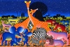 African wildlife painting featuring two giraffes beneath a starry blue night sky, surrounded by colorful elephants, zebras, hippos, antelopes, and other savanna animals against a vibrant yellow and orange landscape.