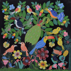 Handmade African painting with colorful birds and vibrant flowers on dark background, art for sale.