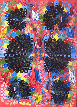 Handmade African painting featuring vibrant abstract peacocks in bright colors, art for sale.