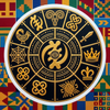 Decorative circular design with gold symbols on a colorful geometric patterned background