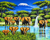 Handmade African painting of elephants by a river with Mount Kilimanjaro and lush trees, colorful art for sale.