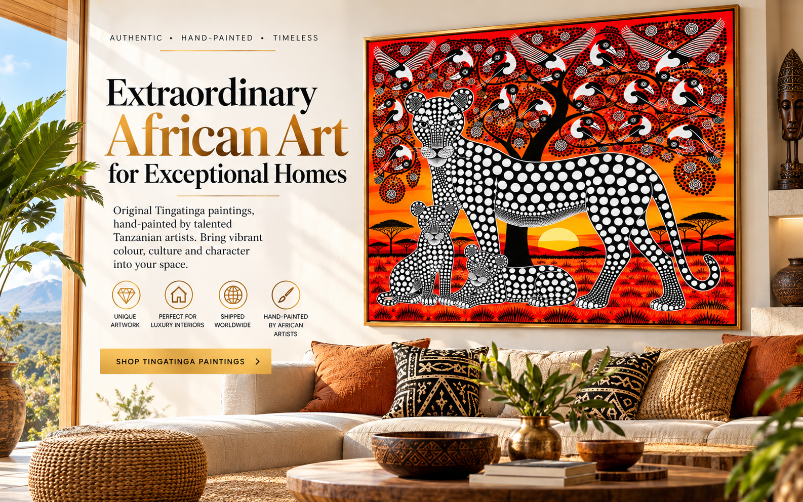 A large framed hand-painted African art print featuring a spotted leopard and birds, displayed on a beige wall in a styled living room with a sofa, pillows, plants, and decorative objects. The print has a bold red, orange, black, and white patterned design.