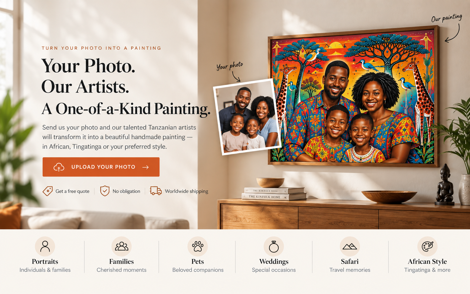 Family photo transformed into a vibrant handmade African painting by Tanzanian artists