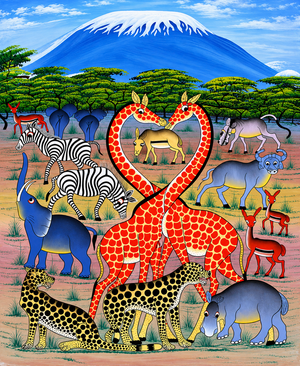 African painting from Tanzania featuring a giraffe, elephants, zebras, buffalo, antelopes and a leopard beneath baobab trees at sunset on the African savanna.