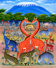 African painting from Tanzania featuring a giraffe, elephants, zebras, buffalo, antelopes and a leopard beneath baobab trees at sunset on the African savanna.