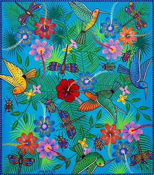 Colorful artwork of hummingbirds, flowers, and dragonflies on a blue background