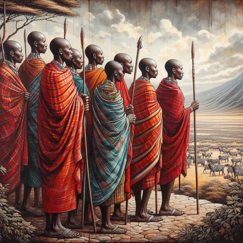 african painting of maasai staring into the serengeti