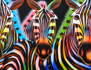 Handmade African painting of three colorful zebras with vibrant stripes, contemporary art for sale.