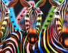 Handmade African painting of three colorful zebras with vibrant stripes, contemporary art for sale.