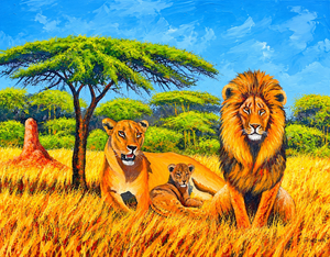 Handmade African painting of a lion family in vibrant savannah landscape, contemporary art for sale.