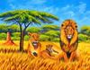 Handmade African painting of a lion family in vibrant savannah landscape, contemporary art for sale.