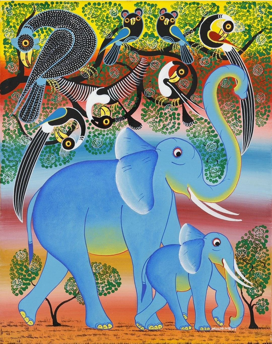 african painting of two elephants