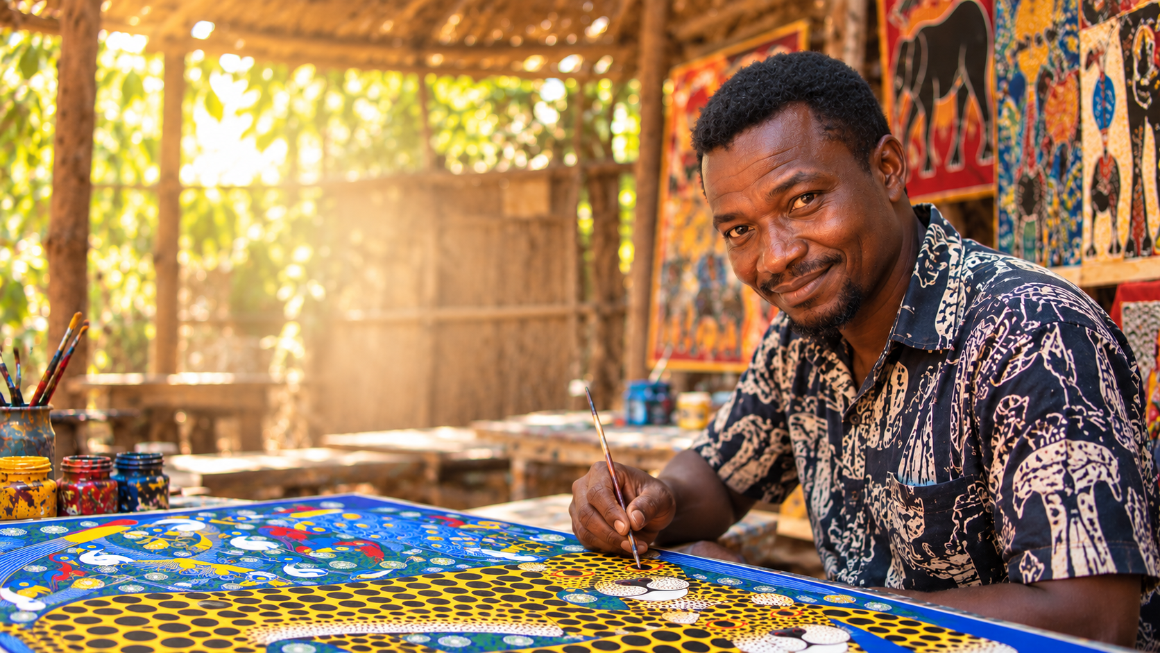 African artist hand-painting a colourful leopard painting featuring bold yellow and black spots, surrounded by vibrant birds and foliage in his art studio.