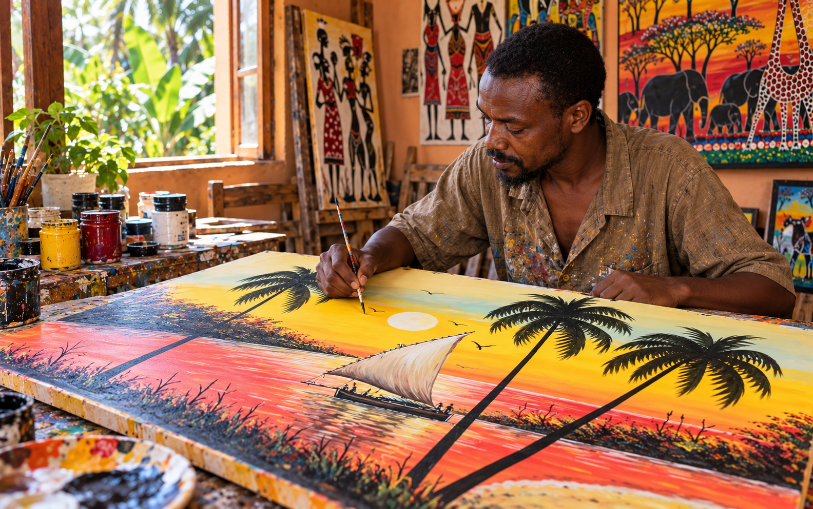 frican artist hand-painting a traditional Tingatinga sunset painting of a sailboat and palm trees in a vibrant art studio in Tanzania.