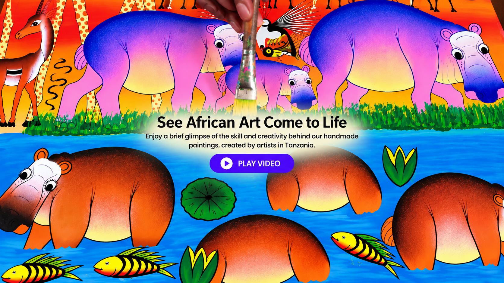 African artist hand-painting a colourful African wildlife scene featuring purple hippos, zebras, antelope and tropical fish in a vibrant blue river.