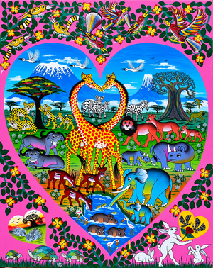 Vibrant African wildlife painting featuring two giraffes forming a heart shape, surrounded by elephants, lions, zebras, cheetahs, hippos, birds and other African animals in a colorful savanna landscape, framed by pink floral patterns and lush green foliage.