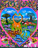 Vibrant African wildlife painting featuring two giraffes forming a heart shape, surrounded by elephants, lions, zebras, cheetahs, hippos, birds and other African animals in a colorful savanna landscape, framed by pink floral patterns and lush green foliage.