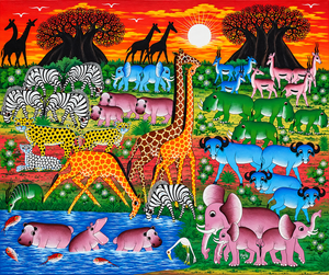 Tingatinga painting of animals gathered at a waterhole at sunset, with giraffes, pink elephants, blue buffalo, zebras and hippos under a red-orange sky and two baobab trees