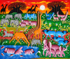 Tingatinga painting of animals gathered at a waterhole at sunset, with giraffes, pink elephants, blue buffalo, zebras and hippos under a red-orange sky and two baobab trees