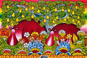 Handmade African abstract painting featuring two hippos surrounded by colorful flowers and green foliage, art for sale.